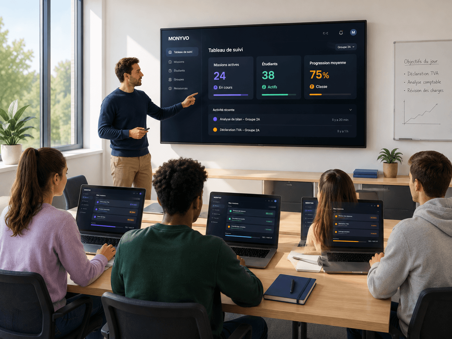 Classe MONYVO — professeur et étudiants sur tableau de suivi